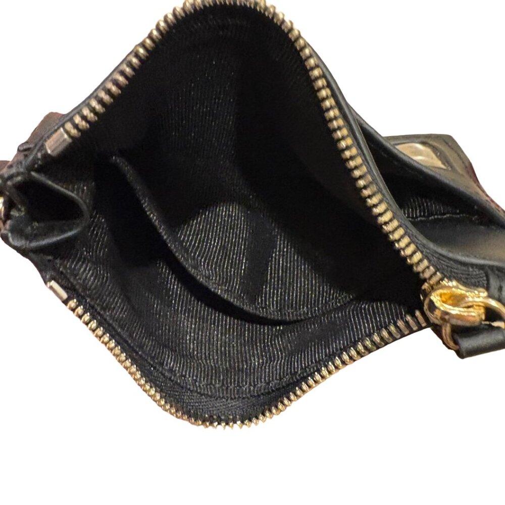 ZAC Zac Posen Black Leather Zip Card Case Wallet Gold Logo - Picture 4 of 4